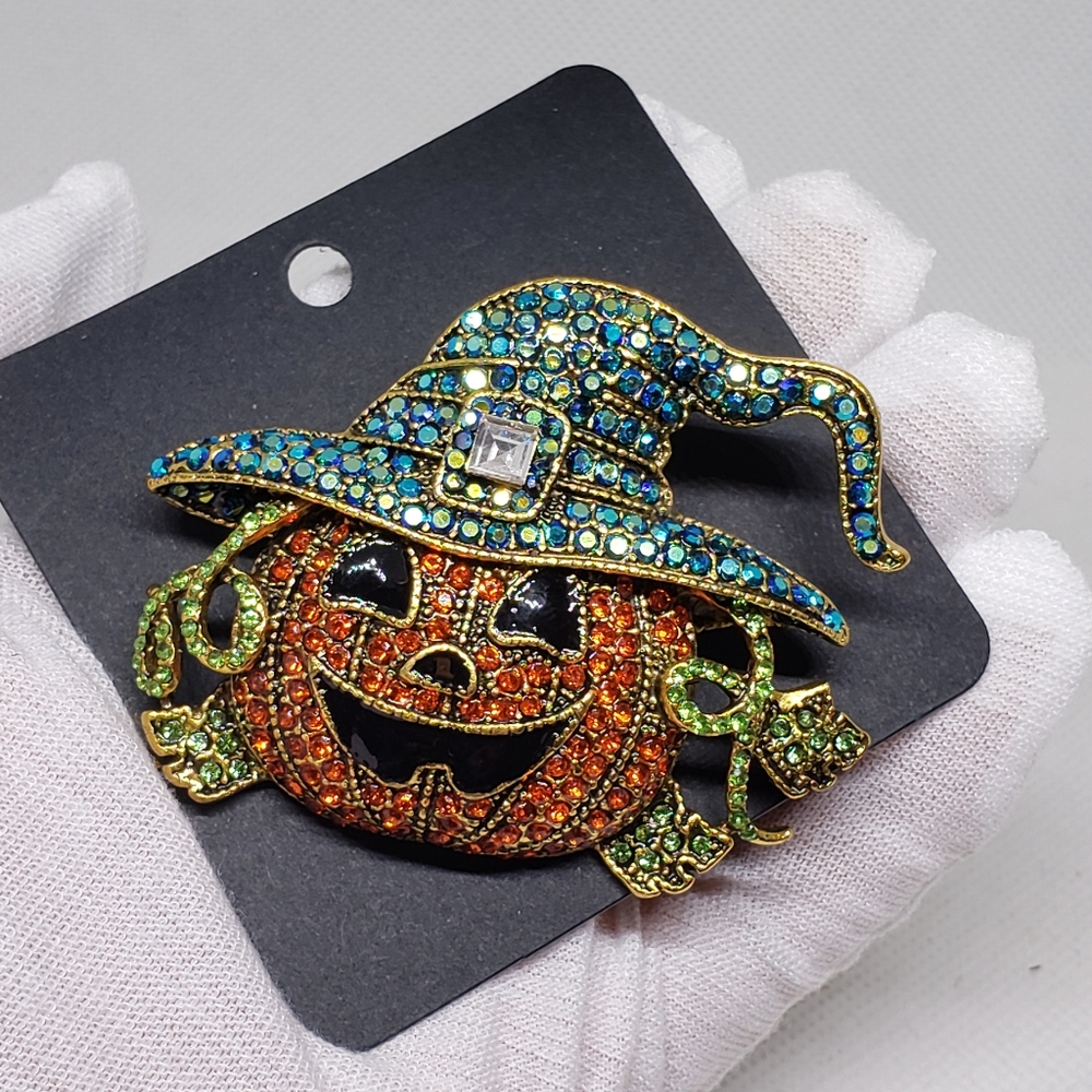 Rhinestone Halloween Pumpkin Brooch Pin - Picture 10 of 10